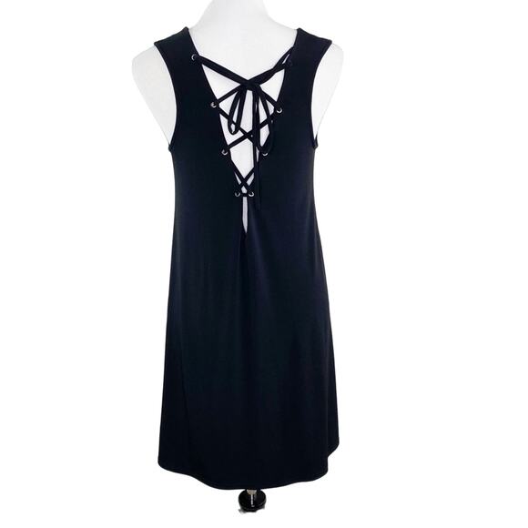 Viereek Sleeveless Black Knit Sheath Dress Criss Cross Tie Back Medium M Aline - Picture 2 of 6